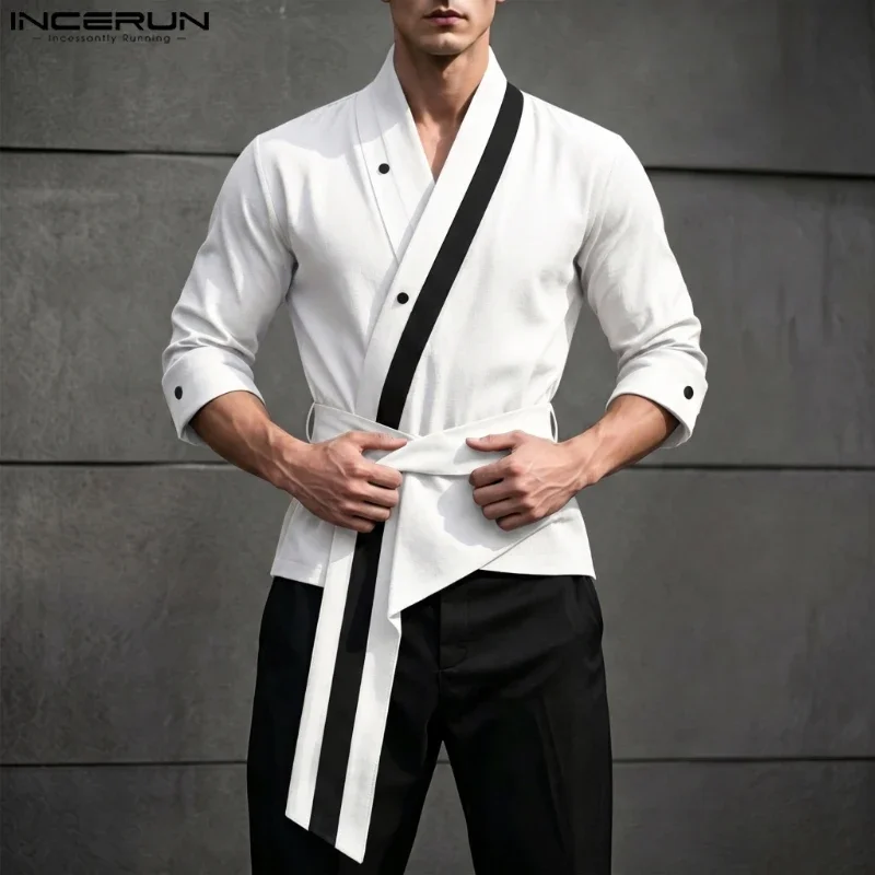 INCERUN Men's Shirt Patchwork V Neck 3/4 Sleeve Casual Irregular Shirts For Man Streetwear 2026 Color-block Fashion Men Clothes
