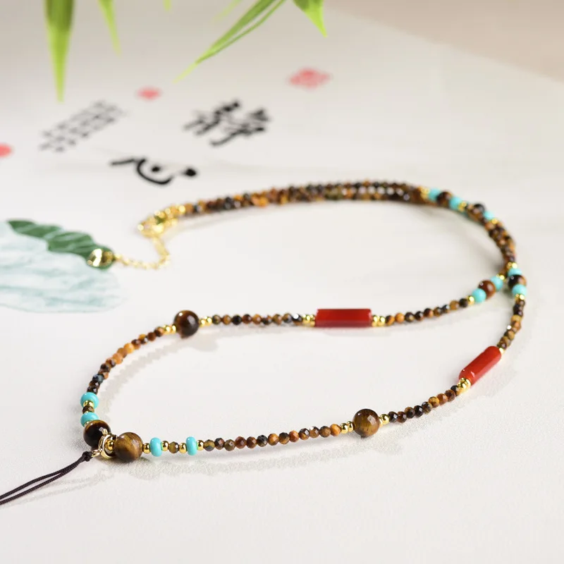 New retro Merad tiger eye stone beaded necklace female light luxury natural turquoise freshwater pearl new Chinese collarbone