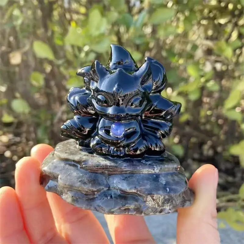 Natural Black Obsidian Yooperlite Nine Tail Fox Fairy Carving Ornament Feng Shui Craft Home Decor Stone Holiday Gift 1pcs