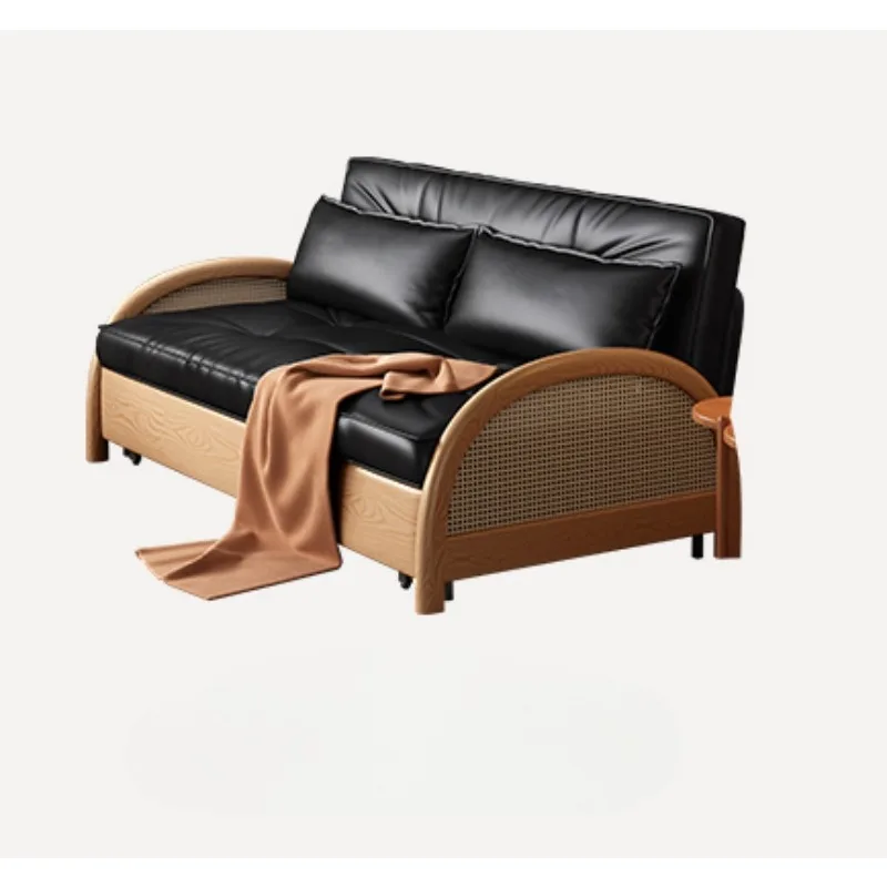 Leather sofa bed new small apartment living room folding dual-purpose multi-functional storage solid wood sofa