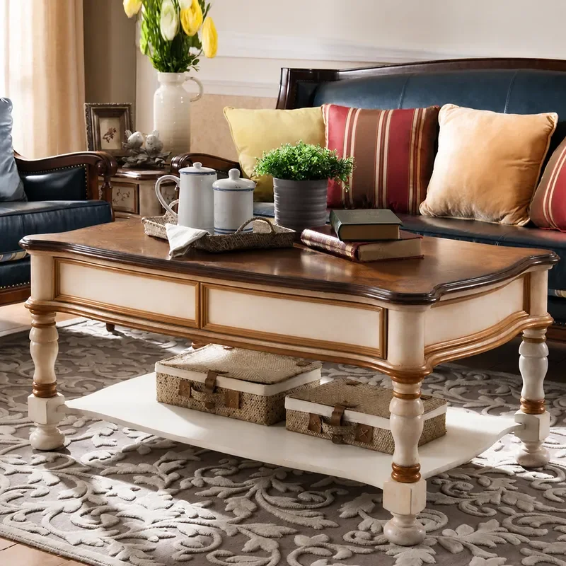 American Country Style Living Room Large Coffee Table with Drawer Solid Wood Painted Retro White Edge Corner Table for Vase