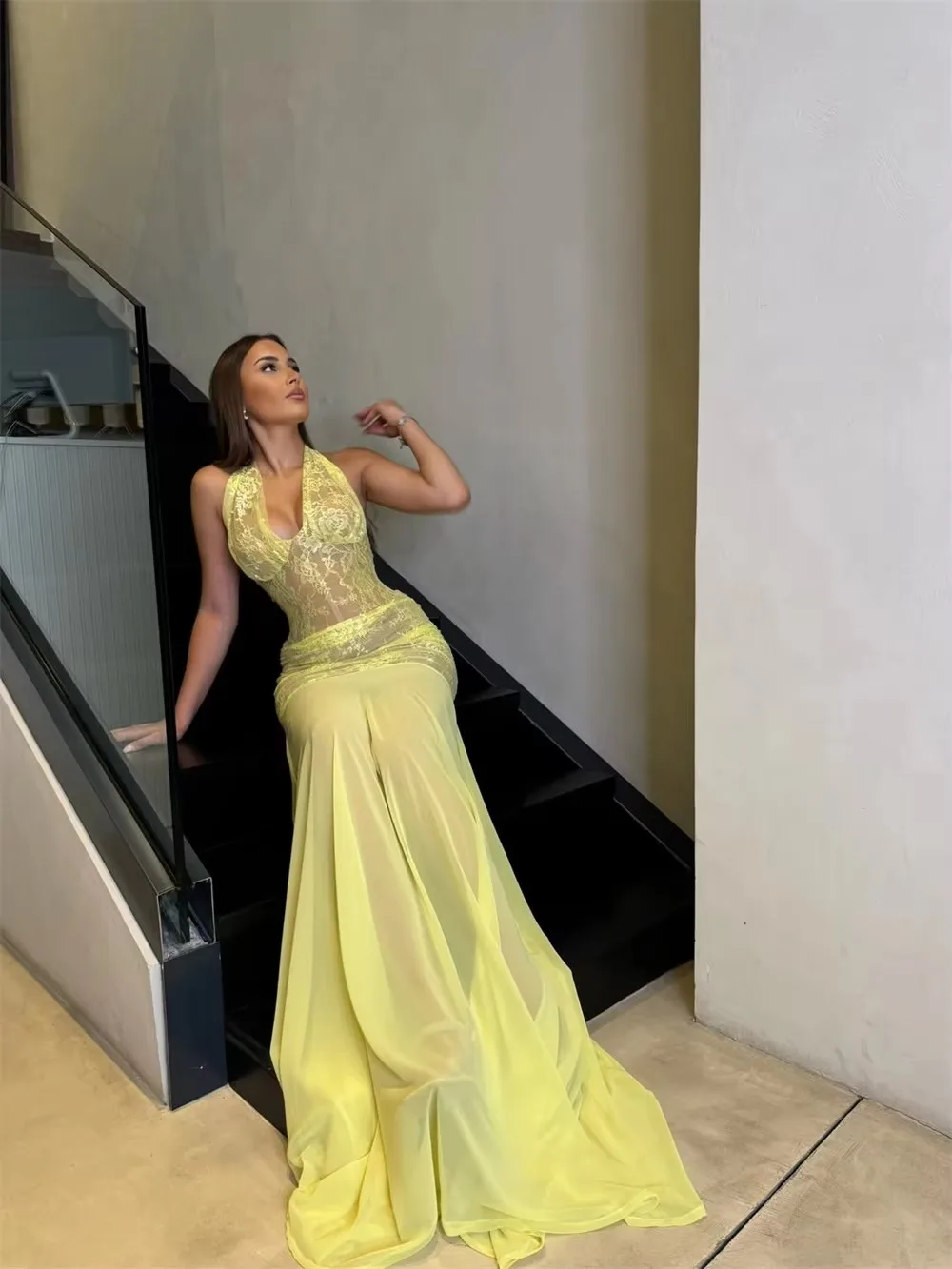 Ladies Halter Mermaid Dresses Yellow Deep V Lace Sheer Top Chiffon Skirt Long Formal Evening Wedding Party Prom Dresses