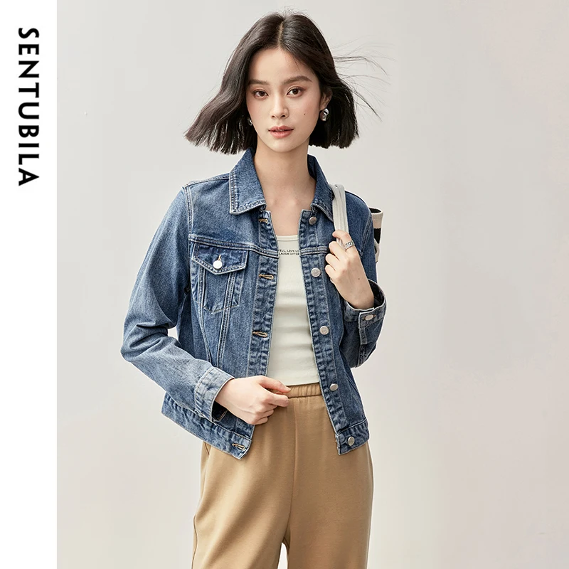 

SENTUBILA 100% Cotton Denim Coat for Women 2024 Autumn Straight Washed Turn Down Collar Single Breasted Women Tops W43W57147X