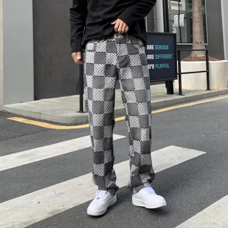 

New Loose Casual Personalized Design Plaid Jeans For Men Fashionable And Niche Trend Brand Cool And Straight Leg Pants