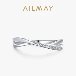 Ailmay Top Quality 925 Sterling Silver Simple Geometric Line Clear CZ Finger Rings For Women Classic Wedding Statement Jewelry
