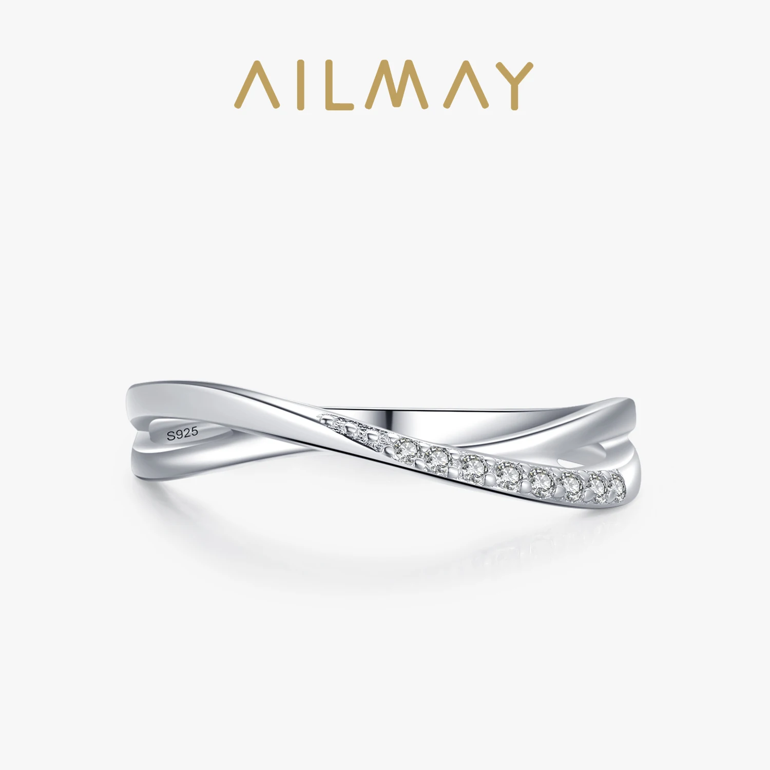 Ailmay Top Quality 925 Sterling Silver Simple Geometric Line Clear CZ Finger Rings For Women Classic Wedding Statement Jewelry