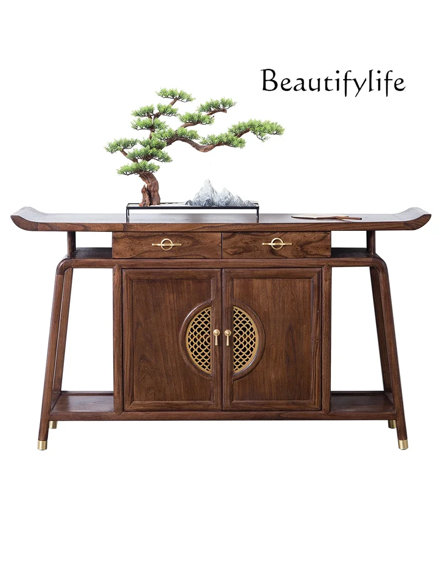 

New Chinese North American Black Walnut Solid Wood Buddha Shrine Altar a Long Narrow Table Curved Cabinet Zen Hall Cabinet