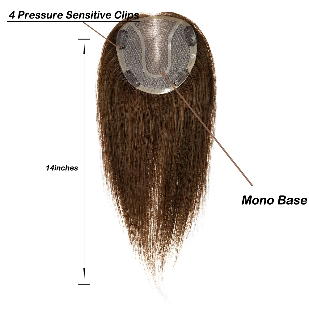 Toppers de cabello humano Remy para mujer, Clips de Base de encaje MONO, postizos de extensiones de cabello humano Marrón Natural, 14 pulgadas