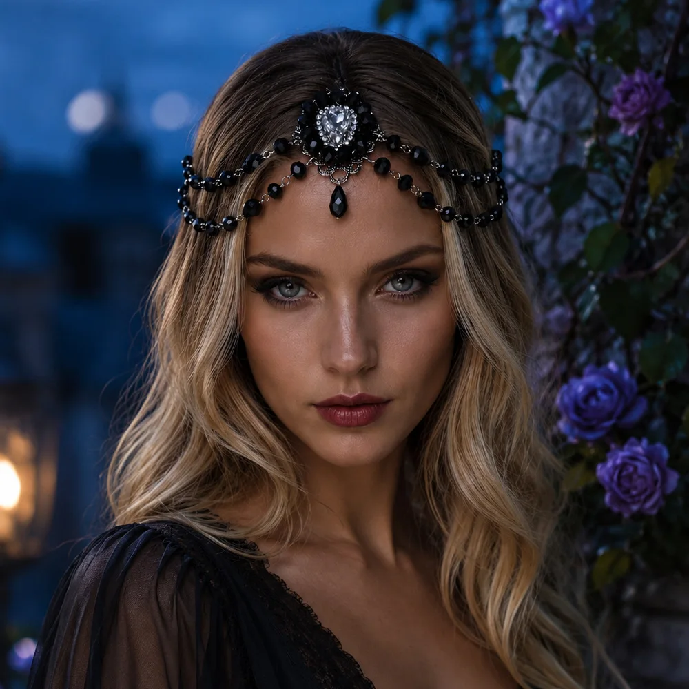 Gothic Dark-style Head Chain Zircon Inlays String Beads Hair Accessory Luxurious Dance Party Halloween Headpiece for Ladies