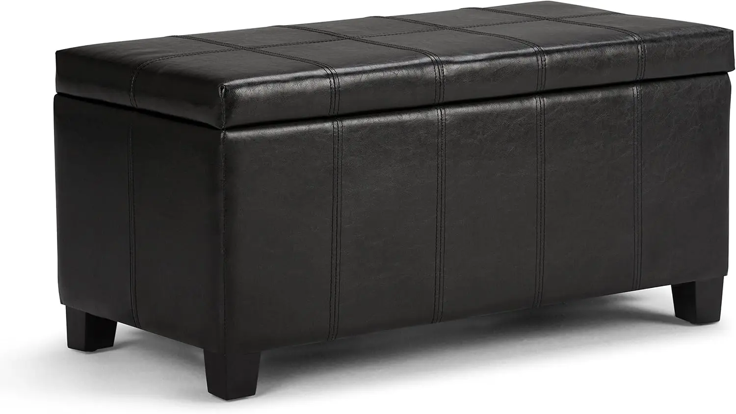 Dover 36 inch Wide Rectangle Lift Top Storage Ottoman Bench in Upholstered Midnight Black Faux Leather, Footrest Stoo