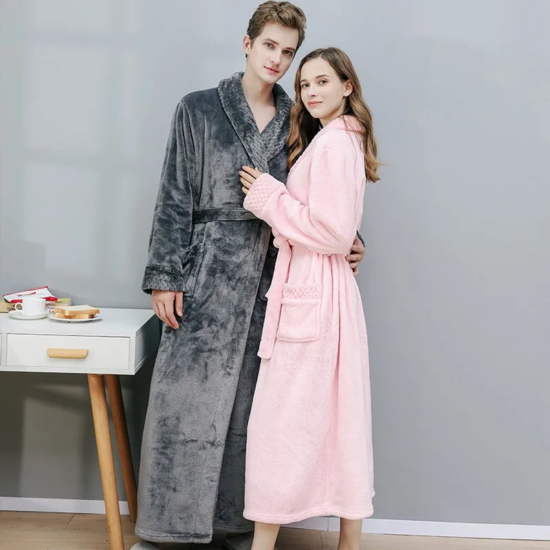 Women Men Flannel Bath Robe Sleepwear 2022 Autumn Winter Extra Long Home Dressing Gown Plush Couple Bathrobe Thick Warm Robes