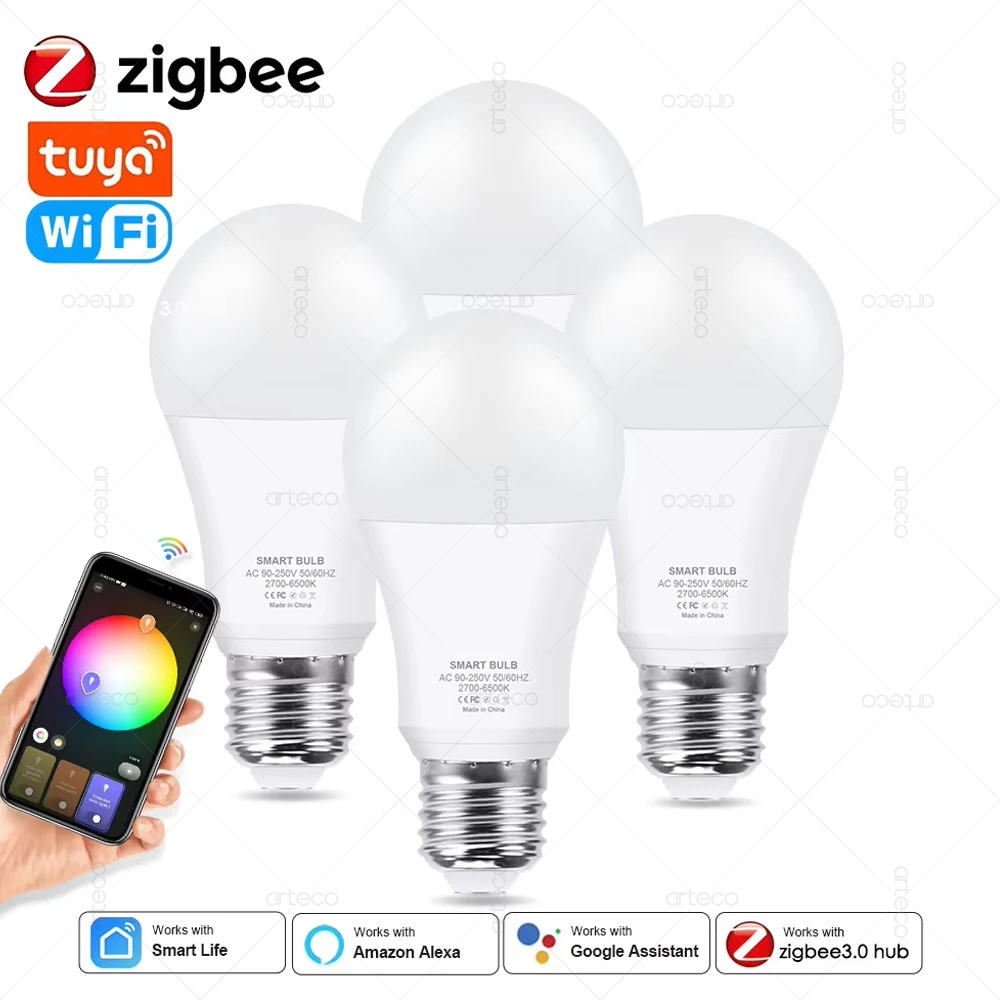 18w 15w tuya zigbee e27 lâmpada led wi-fi inteligente lâmpada led rgb + cw + ww lâmpadas led trabalhar com alexa amazon/google assistente casa