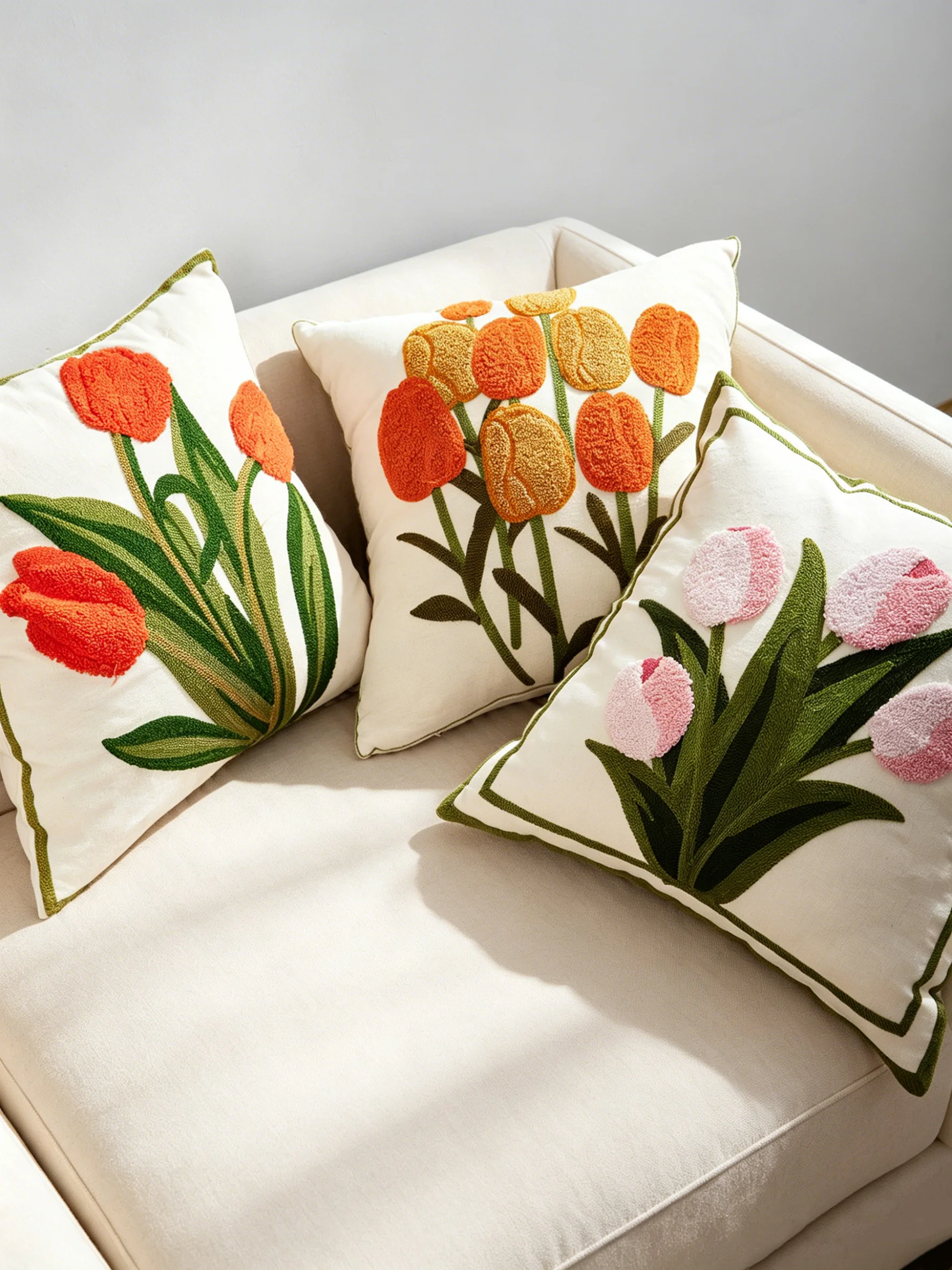 1PC Spring Embroidered Tulip Floral Cushion Cover Soft 45x45CM Fabric for Living Room Bedroom Sofa Home Decor