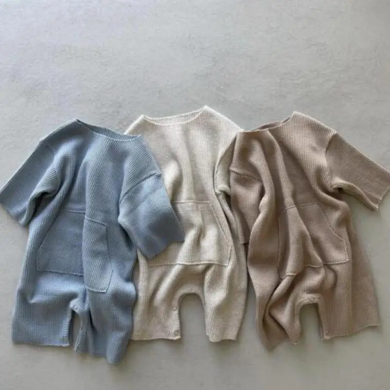 2025 Autumn New Baby Long Sleeve Knitted Romper Solid Infant Boy Girl Casual Pocket Jumpsuit Waffle Newborn Clothes 0-24M
