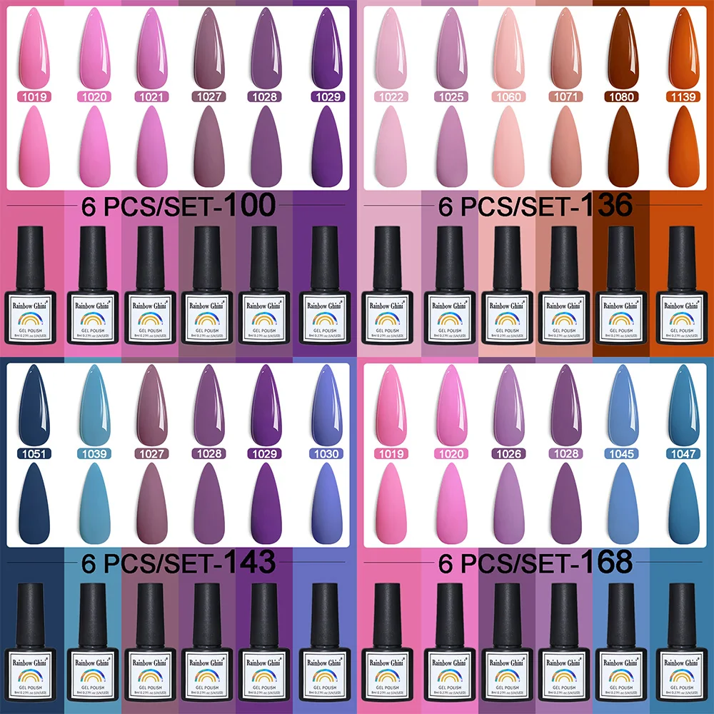 Rainbow Ghini 8ml 6Pcs/Set HEMA TPO Free Nail Polish Color Gel Nail Polish Set Bright Red-Purple Scheme Solid Color Nail Gel