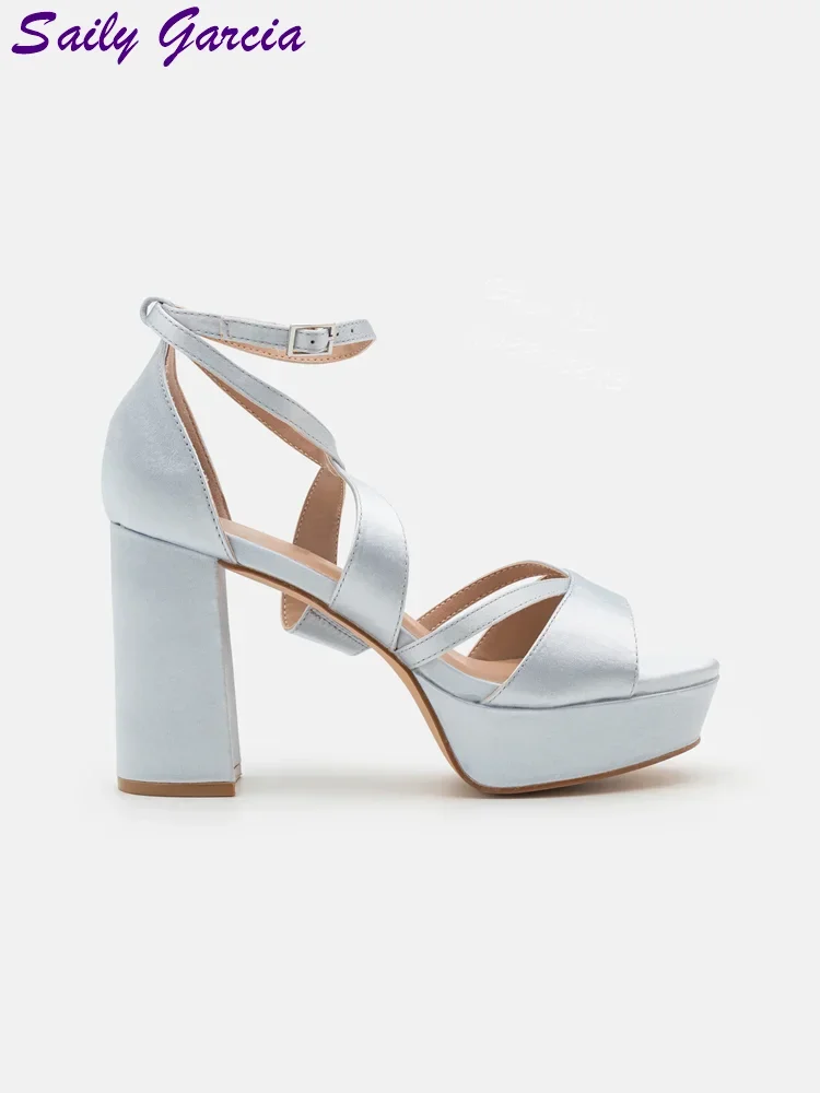 

Sweet Blue Square Heeled Sandals Satin Cross-tied Buckle Straps Pumps Solid Round Open Toe Fashion Dress Shoes 2025 New Women