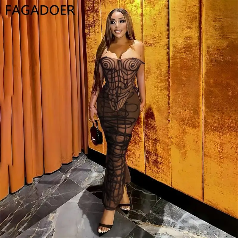 FAGADOER Brown Sexy Mesh prospettiva gonne Skinny due pezzi set donna cinturino sottile senza maniche gilet e gonne abiti da discoteca