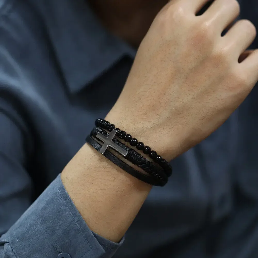 Vintage Stainless Steel Cross Multi-Layer Woven Cuff Men's for Bracelet Charm Bangles Jewelry