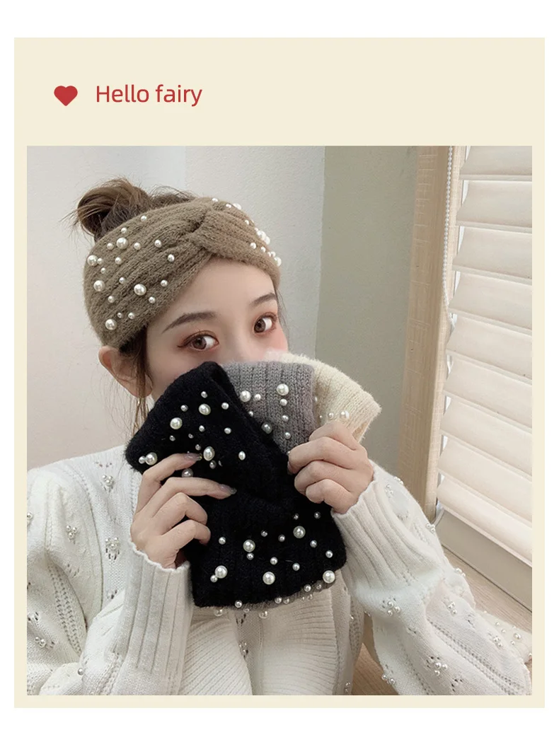 

Winter Knit Beanie with Pearl Trim Wide-Brimmed Headband for Slimming Face Versatile Hair Accessory Hat for Outdoor Wear