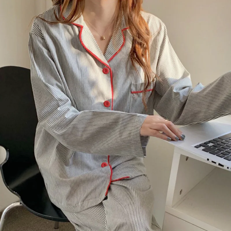 Simple Striped Pajamas for Women Long-sleeved Cardigan Girls Clothes Suit Women\'s Paiamas Nightwear Nightie Spring and Autumn