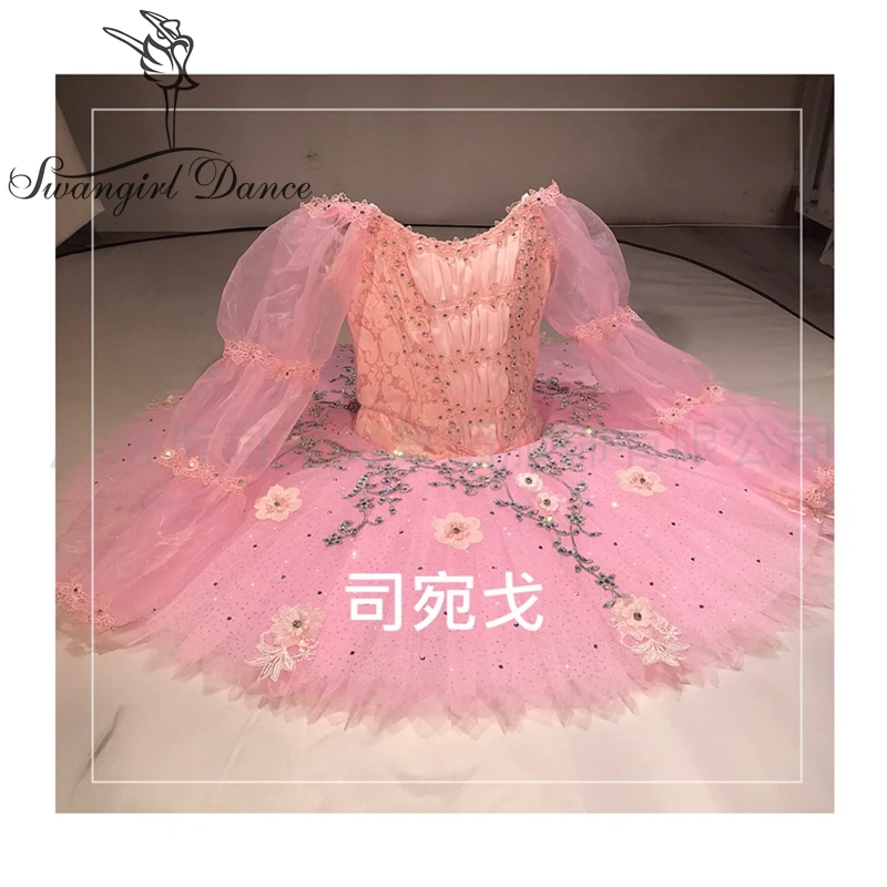 New Long Sleeve Organza Children Pink Fairy Doll Variation Competition Professional Tutu Ballet Costumes BT4062