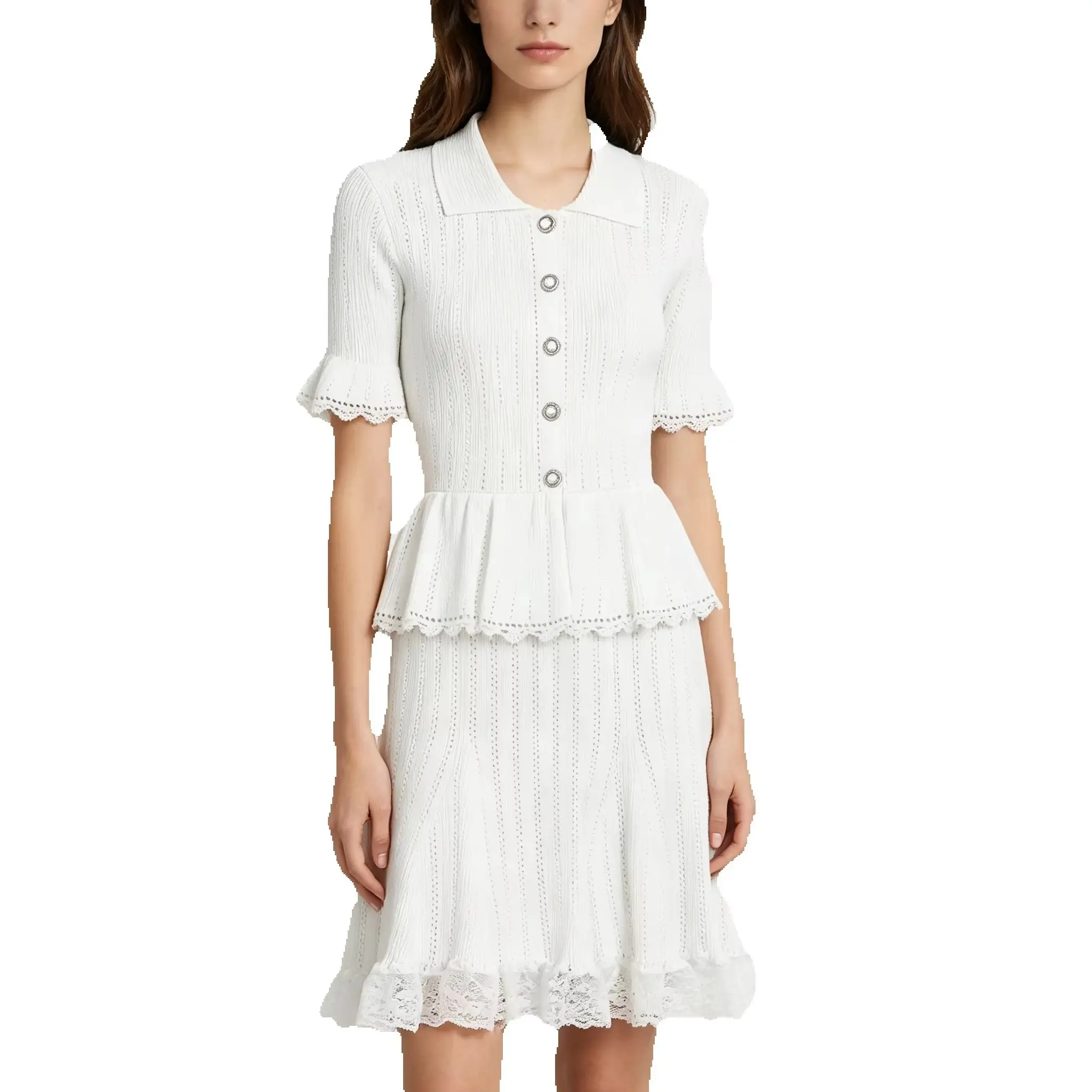 26124 High Quality Summer New Fashionable Slim Fit Popular Stretch Knitted Short Sleeved Lapel Button Lace Women Dress