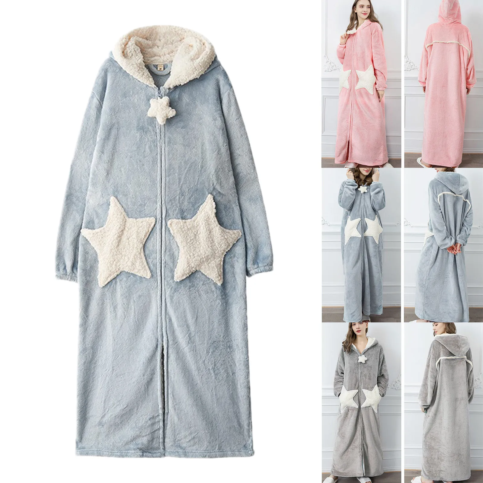 Women Hooded Zipper Bathrobe Dressing Gown Autumn Winter Warm Coral Fleece Sleepwear Loose Female Cute Star Nightgown Robes