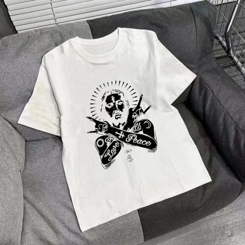 T Shirt Love Peace Letter Print Rock Saint Portrait Crossed Hands Vintage Y2K Streetwear Short Sleeve Tee Unisex Men Women