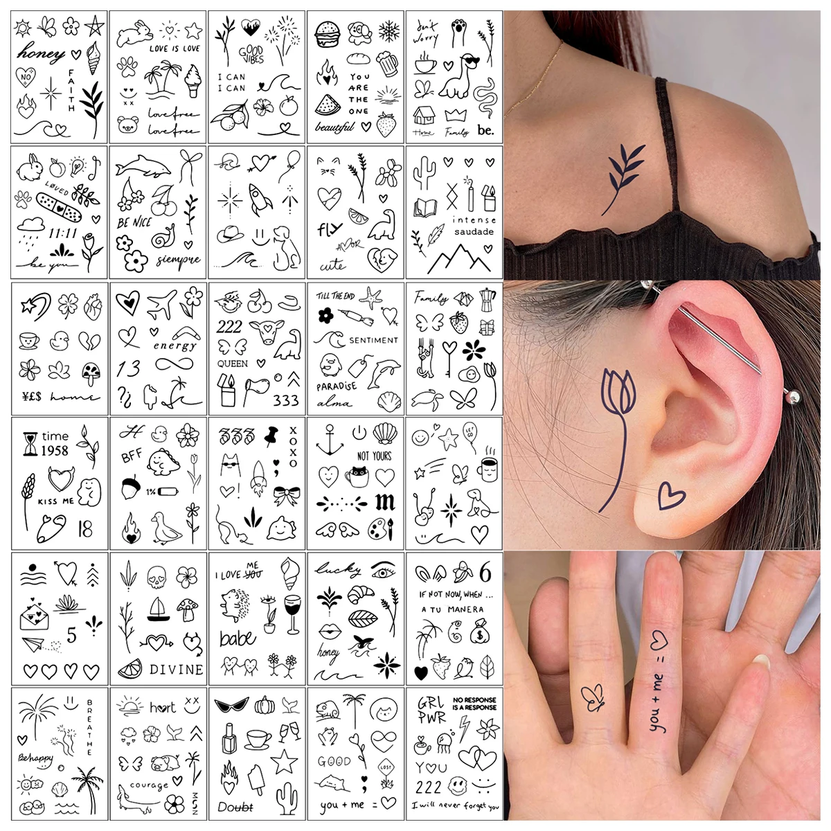 

30 Sheets Small Temporary Tattoos for Women Men Hands Neck Tattoo Sticker Tiny Fresh Pattern Moon Butterfly Fake Tattoo 타투 스티커