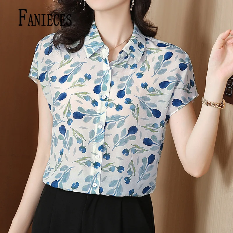 FANIECES-Blusa floral estampada feminina, camisa de manga curta, tops de trabalho e férias, túnica casual, S-3XL, moda verão, 6800 Ch, 2024