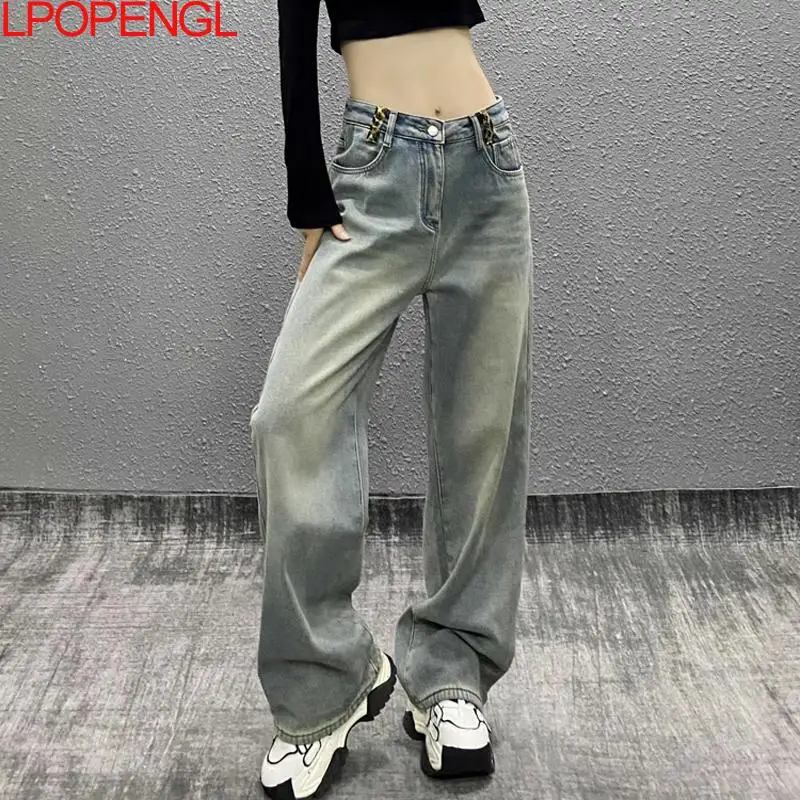 Leopard Print Colorblock Pocket Jeans Women's 2025 New High Waisted Loose Retro Versatile Straight-leg Floor-mopping Pants