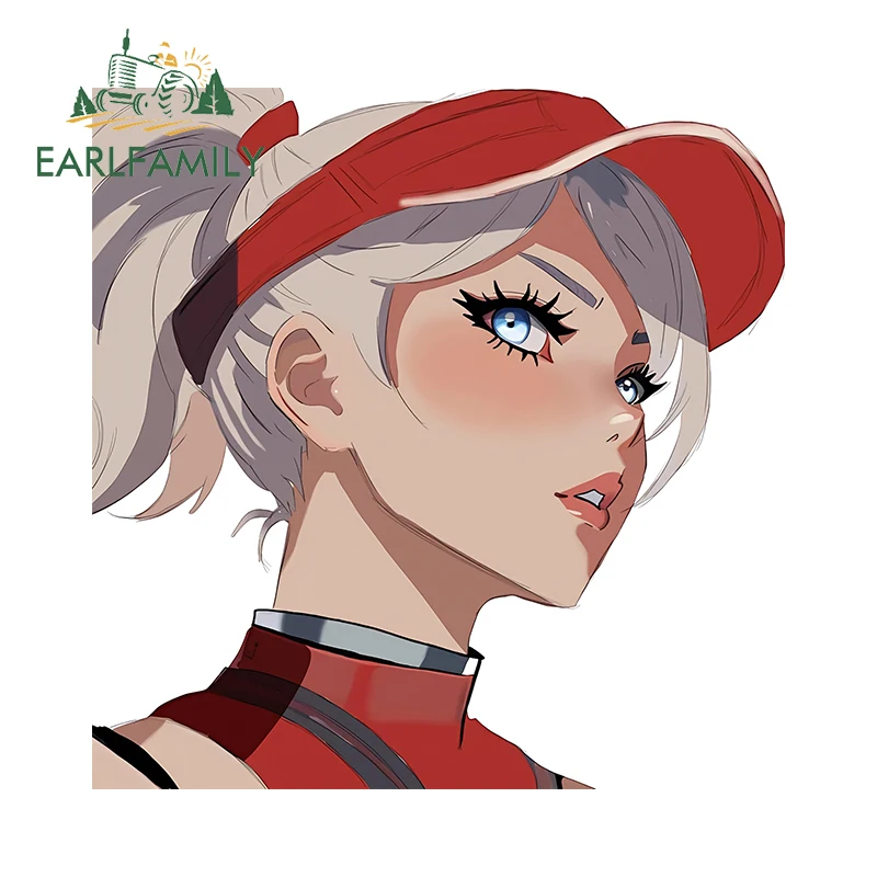 EARLFAMILY 13cm x 12.8cm Mercy Overwatch Peeker Car Stickers Red Sunhat Beautiful White Hair Accessories Sunscreen Decor