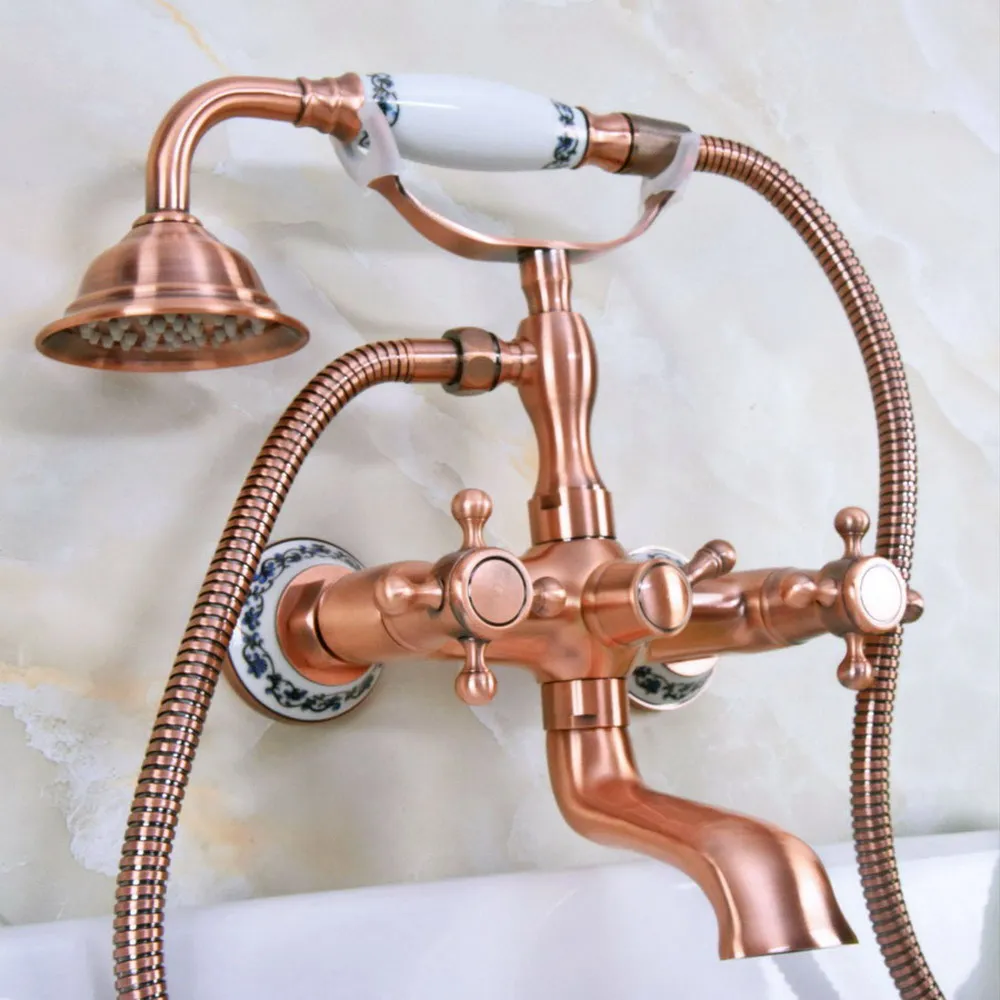 

Antique Red Copper Double Handle Wall Mounted Bathroom Bath Tub Faucet Set with 150CM Hand Held Shower Spray Mixer Tap 2na337