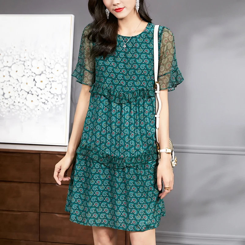 New 100% Real Silk Women Summer Dresses 2026 Elegant Fashion O-neck Short Flare Sleeve Woman Print Dress A-line Casual Dress