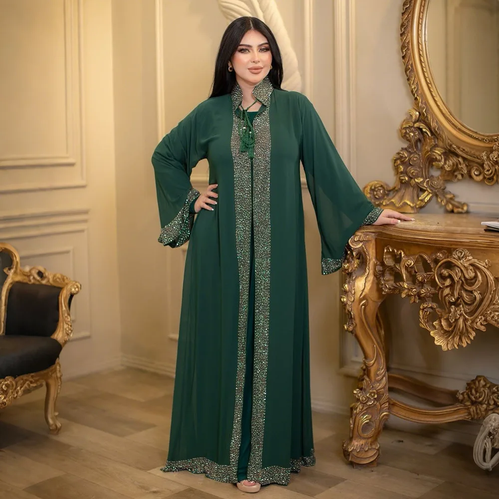 Dubai Chiffon Diamonds Kimono Abaya Inner Dress Two Piece Set for Women Kaftan Turkey Caftan Musulmane Femme Robe Islam Jalabiya