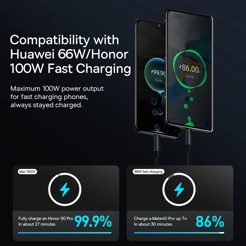 Baseus 66W/100W USB Type C Cable For Huawei P50 P40 Pro Honor Super Charge 6A Fast Charging USB C Charger Data Cable Wire Cord