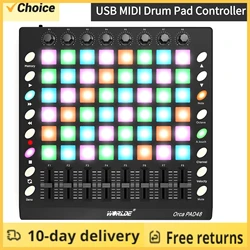 WORLDE PAD48 Portable USB MIDI Drum Pad Controller 48 RGB Backlit Pads 8 Knobs 16 Buttons 8 Sliders with USB Cable