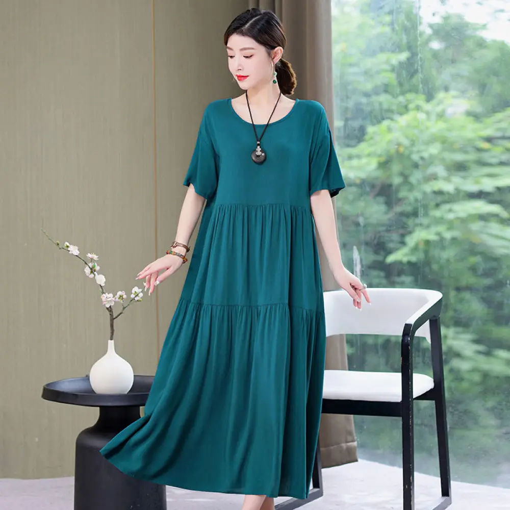 Breathable Dress For Women Summer Casual Loose Mid Length Big Swing Skirt Soft Viscose Mother Plus Size Elegant Daily Clothes