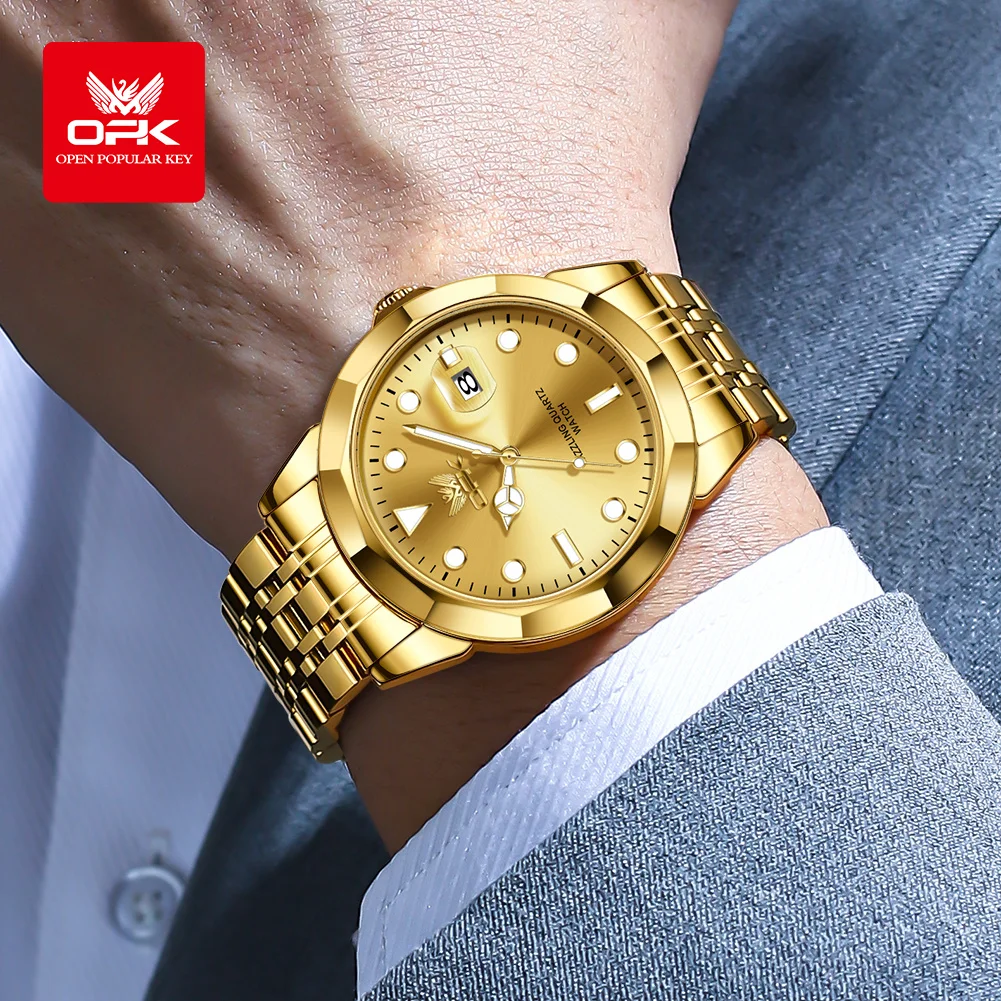 OPK Brand Gold Men's Watches Solid Stainless steel Strap Waterproof Fashion Casual Watch 8170