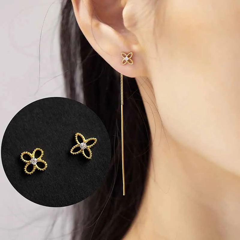 925 Sterling Silver Plated 14K Gold Four Clover Flower Asymmetrical Ear Thread Earring Woman Fashion Jewelry Accessory Love Gift