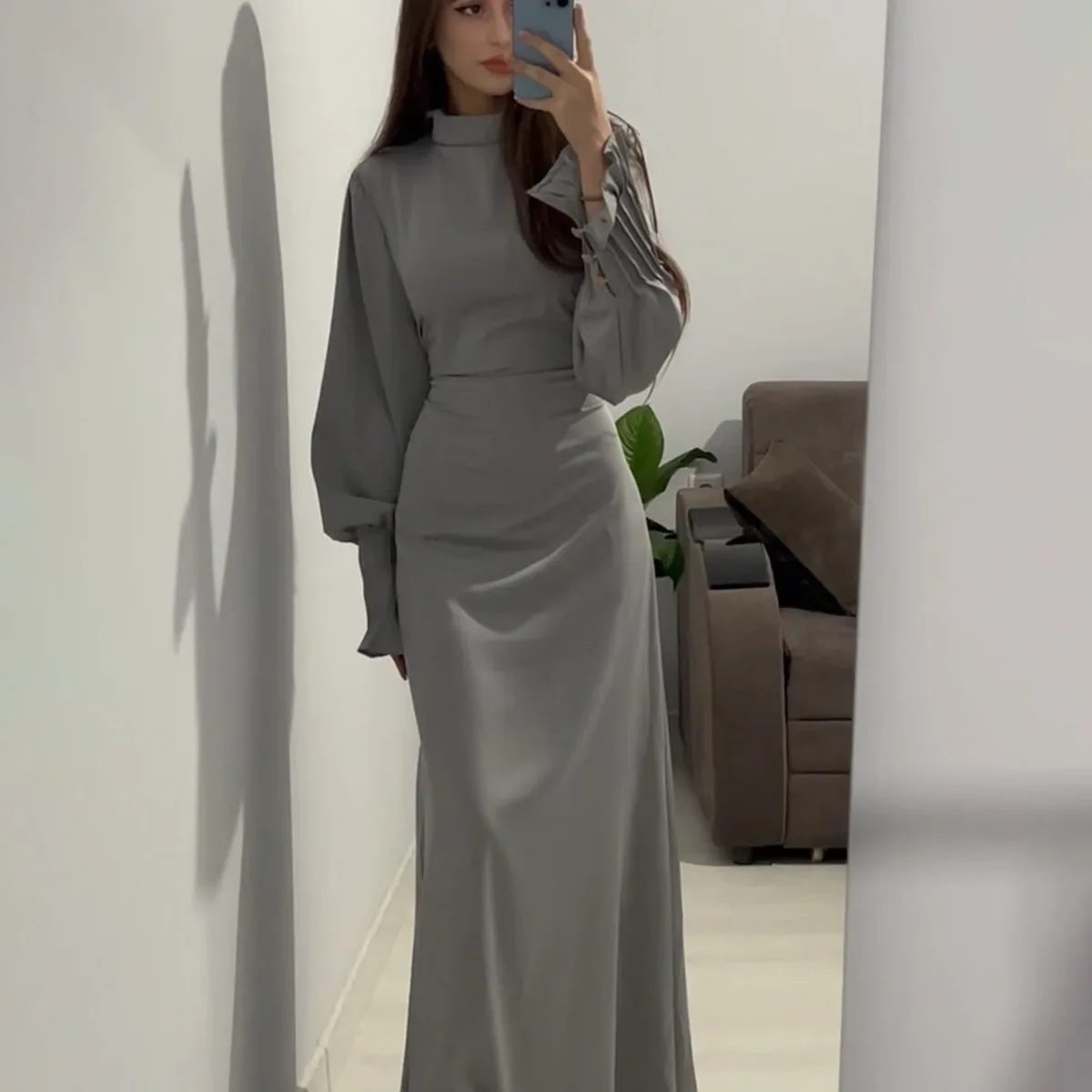 

Vintage Solid Maxi Dress Women's Fold Waistband Abayas Casual Long Sleeve Muslim Courtly Muslim Dresses Abayas for Women Vestido