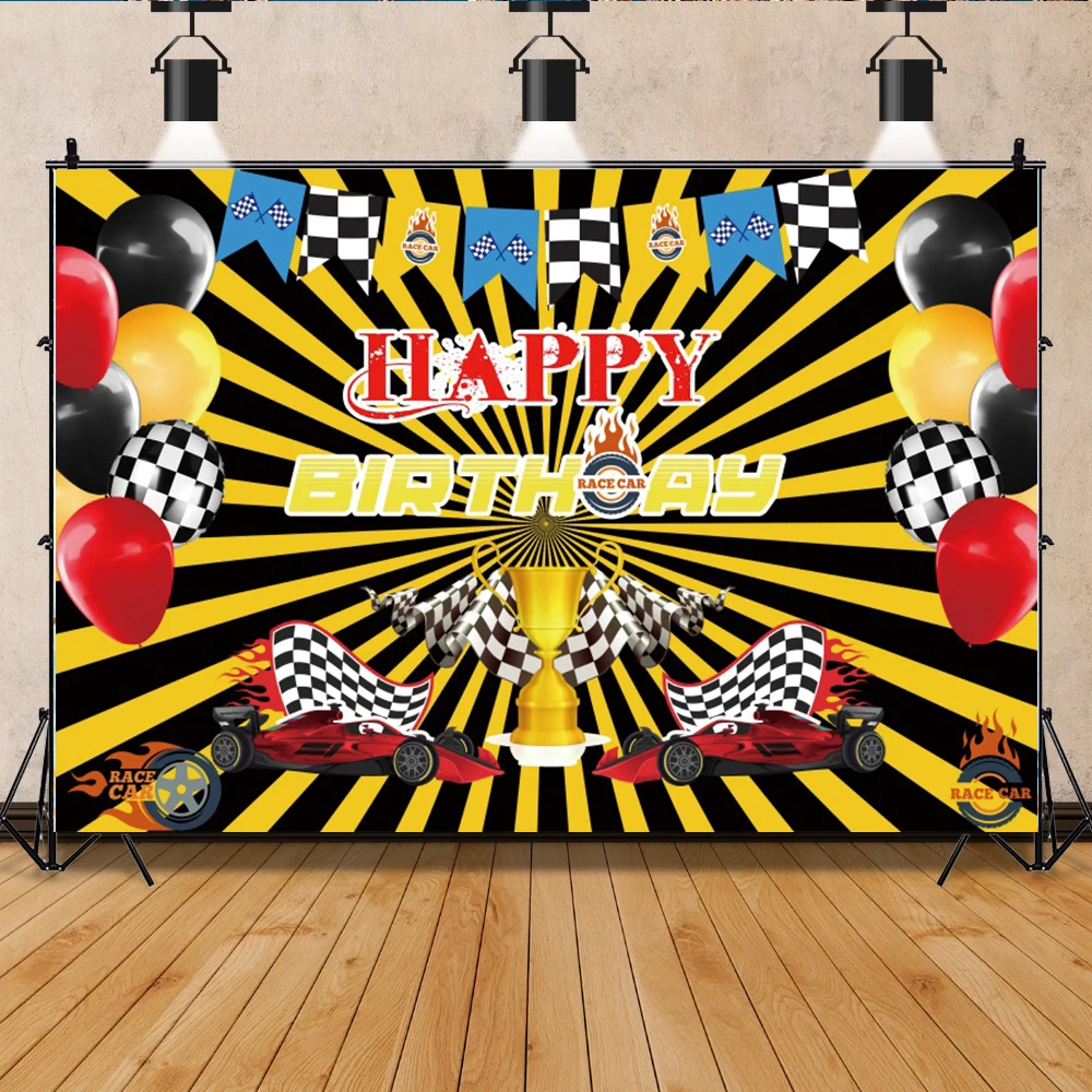 

Laeacco Red Race Car Birthday Backdrop Colorful Balloons Customized Race Car Racing Children Party Decor Background Photocall