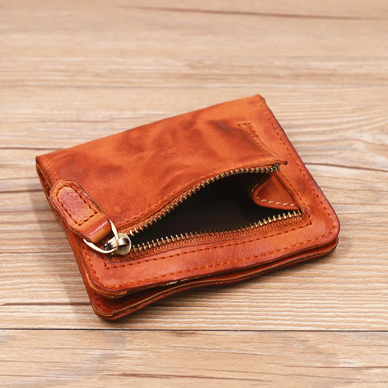 100% กระเป๋าใส่เงินหนังแท้สำหรับผู้หญิงผู้ชายวินเทจ cowhide SHORT Bifold ขนาดเล็ก Slim กระเป๋าสตางค์ใส่นามบัตรสตรีมีซิปกระเป๋าเหรียญ