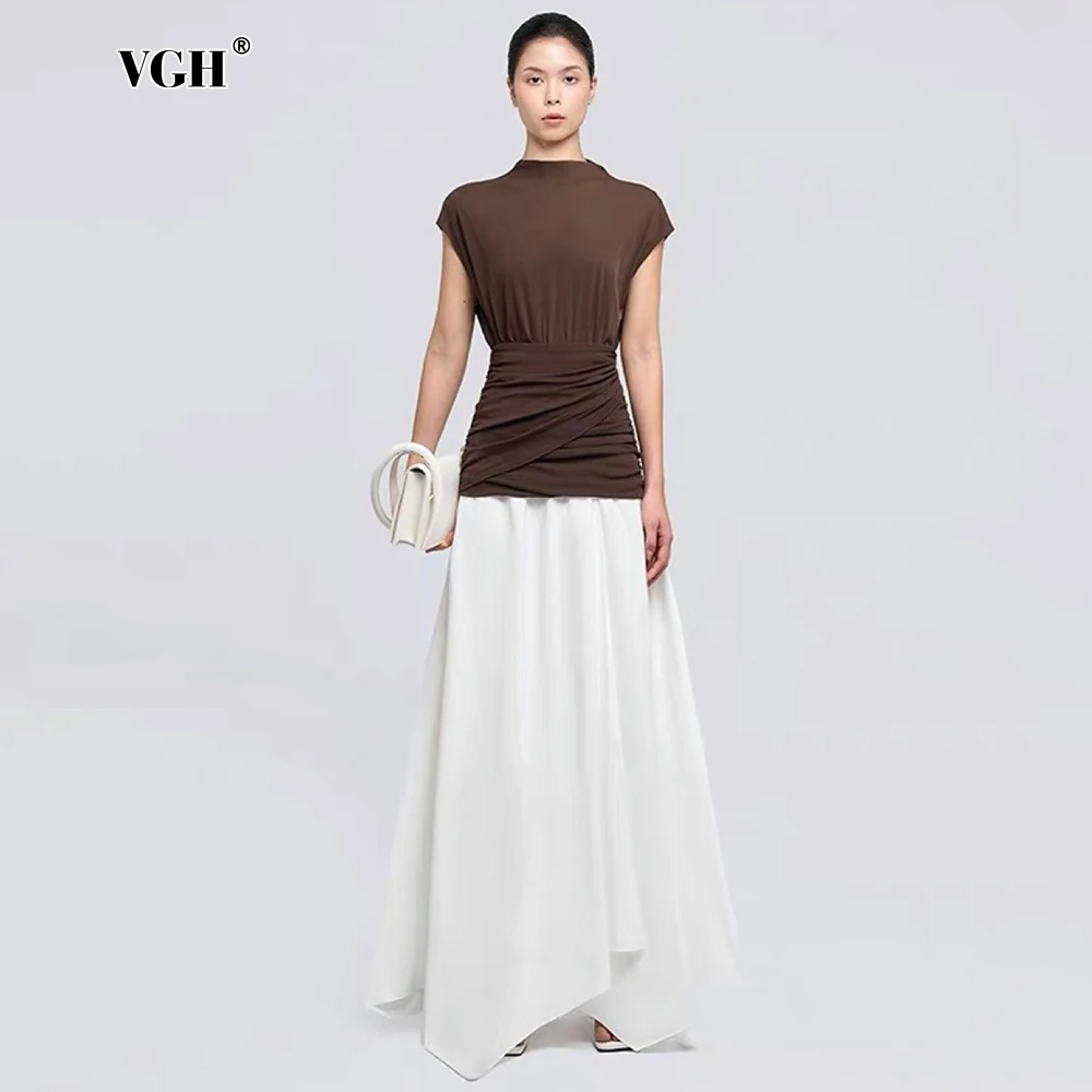 

VGH Minimalist Folds Hit Color Long Dresses for Women Round Neck Short Sleeve High Waist Hollow Out Backless Dress Female New