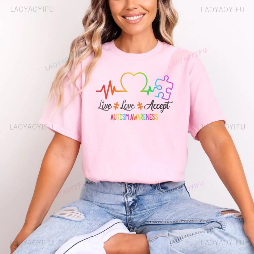 Autism Awareness Live Love Accept T Shirt Casual Fashion Loose Harajuku Hip Hop Man Tshirt Cotton Short Sleeve Women T-shirt
