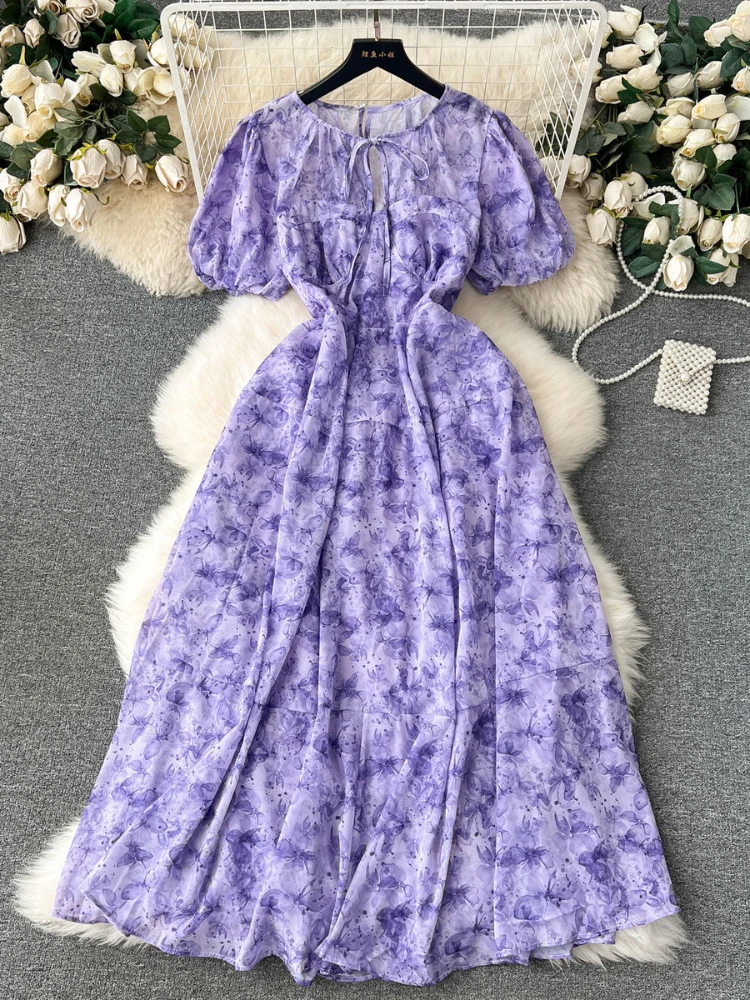 

French Tie Front Dress Summer Clothing for Women Fashion Bubble Sleeves Floral Slim High Waist Hanging Feeling Long Dress