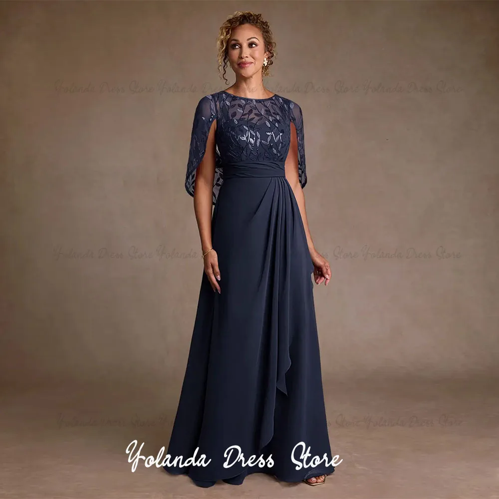 

Yolanda Customized Elegant Mother of Dresses for Women 2026 Satin Cape Sleeves Pleated Lace Bridesmaid Floor Length Evening Gown