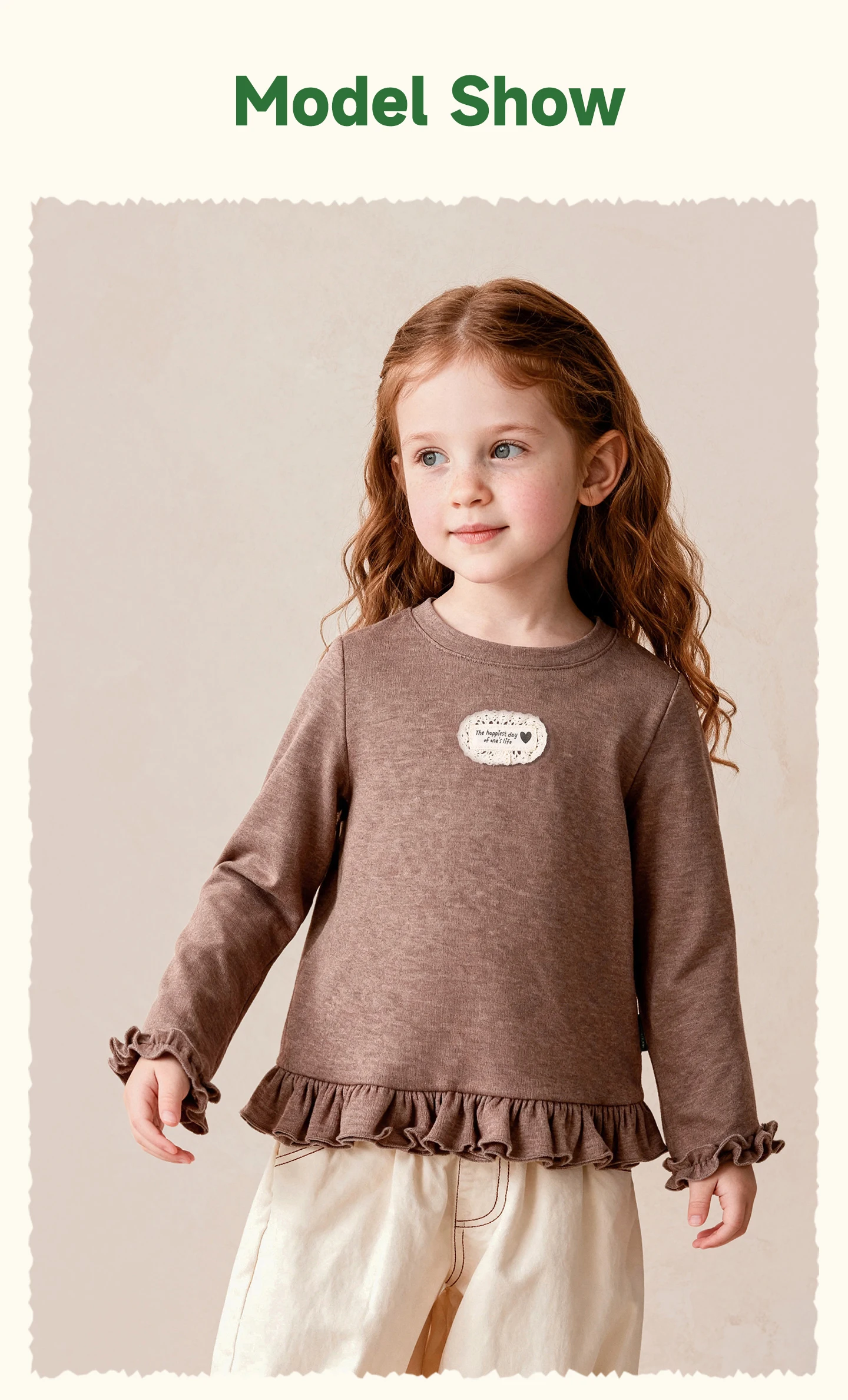 Amila 2026 Herbst Neues Kinder-T-Shirt mit Rundhalsausschnitt, gestapelten Rüschen, Spitze, Stoffetikett, modisch, lässig, bequem, für den täglichen Gebrauch, langärmelig. – Detail 8