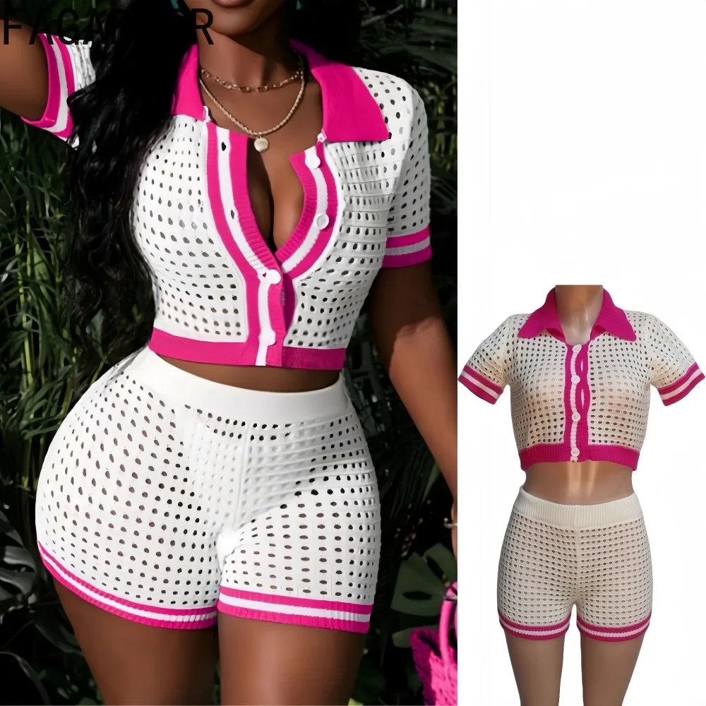 

FAGADOER Fashion Knit Hollow Out 2 Piece Sets Woman Outfit Short Sleeve Striped Patchwork Crop Top + Shorts Female Streetwear