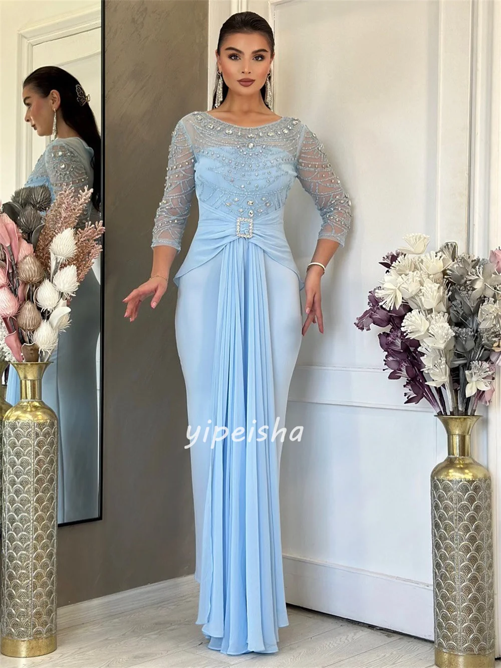 Szyte na miarę wysokiej jakości, dopasowane sukienki syreny z szyfonu, z dżetami, plisami, dekoltem w serek, długie sukienki na specjalne okazje, nowoczesny styl.